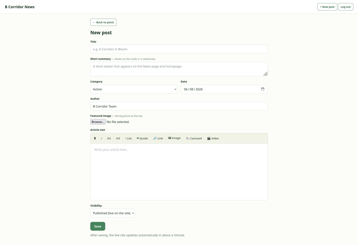 The new-post editor: title, summary, category, date, author, image and a formatting toolbar