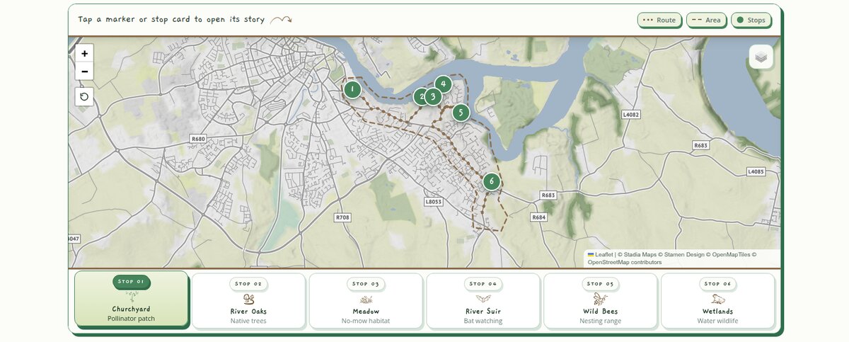 The trail map, with six numbered stops and the corridor boundary