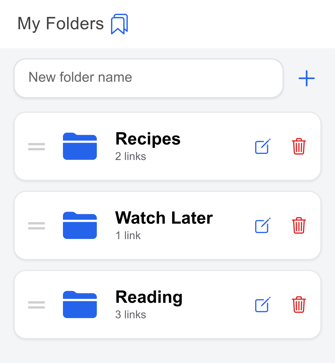 The folder list screen, showing Recipes, Watch Later and Reading folders with link counts