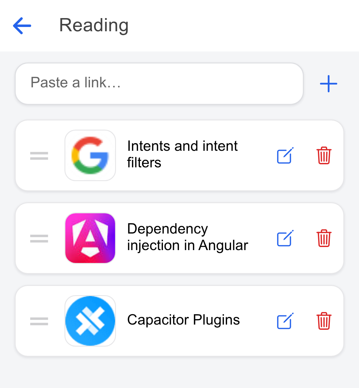 Inside the Reading folder, showing saved links with their titles and thumbnails